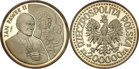 III RP. PROBA / PATTERN silver 200.000 zlotych 1991 PopeJohn Paul II 
Idealny, menniczy egzemplarz. Patyna zachodząca od rantu.Fischer P411; Parchimo...