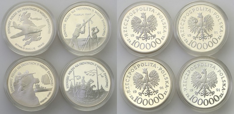 III RP 100.000 zlotych 1991, group 4 pieces 
Monety w menniczym stanie zachowan...