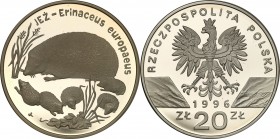 III RP. 20 zlotych 1996 Jeż 
Piękny, menniczy egzemplarz. Rzadsza moneta.Fischer K (20) 010
Waga/Weight: 31,1 g Ag 925 Metal: Średnica/diameter: 
S...