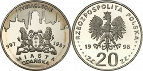 III RP. 20 zlotych 1996 Tysiąclecie Gdańska 
Piękny, menniczy egzemplarz.Fischer K (20) 012
Waga/Weight: 31,1 g Ag 925 Metal: Średnica/diameter: 
S...