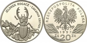 III RP. 20 zlotych 1997 Jelonek Rogacz 
Piękny, menniczy egzemplarz. Rzadsza moneta.Fischer K (20) 013
Waga/Weight: 31,1 g Ag 925 Metal: Średnica/di...