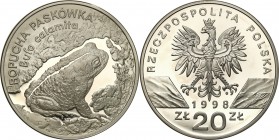 III RP. 20 zlotych 1998 Ropucha Paskówka 
Menniczy egzemplarz, nieco rzadsza moneta.Fischer K(20) 015
Waga/Weight: 28,28 g Ag .925 Metal: Średnica/d...