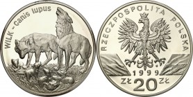 III RP. 20 zlotych 1999 Wilk 
Piękny, menniczy egzemplarz. Rzadsza moneta.Fischer K (20) 018
Waga/Weight: 28,28 g Ag 925 Metal: Średnica/diameter: ...