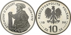 III RP. 10 zlotych 1996 Zygmunt II August, półpostać 
Menniczy egzemplarz. Rzadsza moneta.Fischer K (10) 005
Waga/Weight: 16,50 g Ag .925 Metal: Śre...