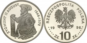 III RP. 10 zlotych 1996 Zygmunt II August, półpostać 
Menniczy egzemplarz. Rzadka moneta kolekcjonerska.Fischer K (10) 005
Waga/Weight: 16,50 g Ag ....
