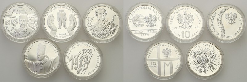 III RP. 10 zlotych 1998-1999, group 5 pieces 
Piękne, mennicze egzemplarze. Zes...