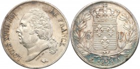 France
France. 5 francs 1823 A, Paris 
Kolorowa patyna, połysk. Bardzo ładnie zachowany egzemplarz.
Waga/Weight: 24,80 g Ag Metal: Średnica/diamete...