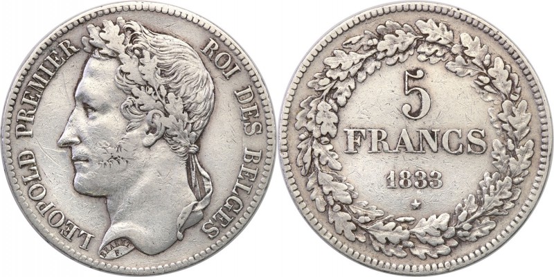 France
Belgium. 5 francs 1833, Bruksela 
Resztki połysku, patyna.Davenport 50...