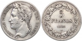 France
Belgium. 5 francs 1833, Bruksela 
Resztki połysku, patyna.Davenport 50
Waga/Weight: 24,99 g Ag Metal: Średnica/diameter: 
Stan zachowania/c...