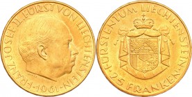 Liechtenstein
Liechtenstein. 25 francs 1961 
Pięknie zachowana moneta. Delikatna patyna.Friedberg 23
Waga/Weight: 5,63 g Au .900 Metal: Średnica/di...