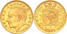 Liechtenstein
Liechtenstein. 10 francs 1946 
Wyśmienicie zachowana moneta. Połysk.Friedberg 18
Waga/Weight: 3,22 g Au .900 Metal: Średnica/diameter...