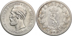 Norway
Norwegia. 1 korona 1881 
Resztki połysku, patyna. Rzadka moneta.
Waga/Weight: 7,38 g Ag Metal: Średnica/diameter: 
Stan zachowania/conditio...