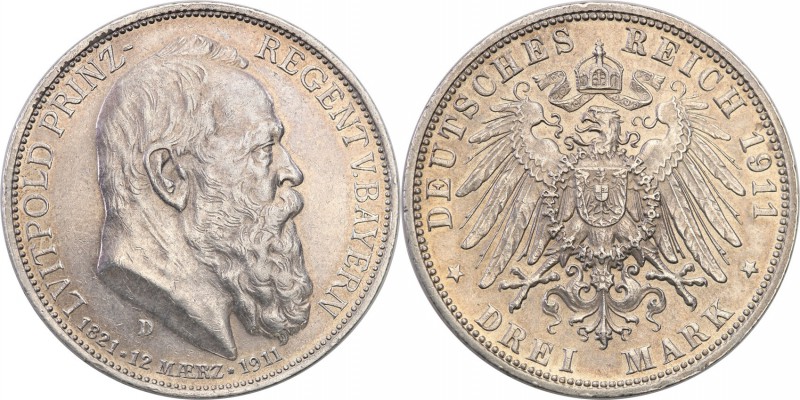 Germany / Prussia
Germany, Bavaria. 3 mark 1911 D 
Połysk, delikatna patyna.We...