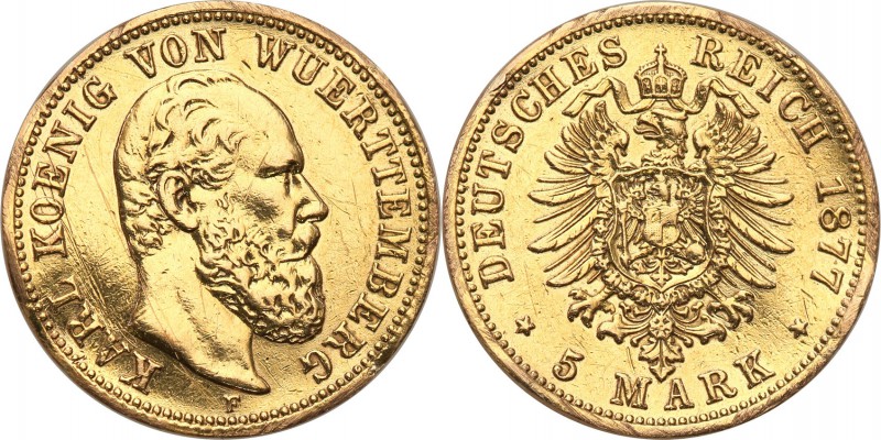 Germany / Prussia
Germany, Wirtembergia. Karol. 5 mark 1877 F 
Minimalnie gięt...