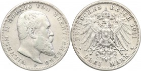Germany / Prussia
Germany, Wirttembergia. 3 mark 1911 F 
Resztki połysku. 
Waga/Weight: 16,60 g Ag Metal: Średnica/diameter: 
Stan zachowania/cond...