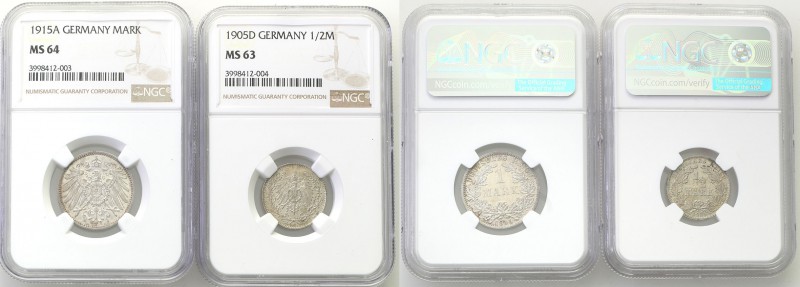 Germany / Prussia
Germany, Kaiserreich. 1/2 mark 1905 NGC MS63 + 1 marka 1915 N...