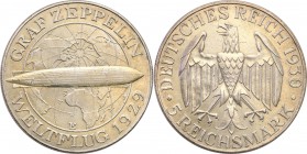 Germany / Prussia
Germany, Weimar. 5 mark 1930 E, Zeppelin 
Złotawa patyna, delikatny połysk. Rzadsza moneta.AKS 66; Jaeger 343
Waga/Weight: 24,77 ...