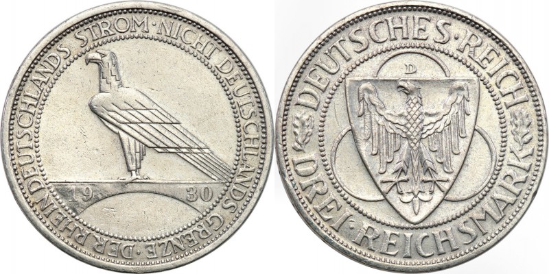 Germany / Prussia
Germany, Weimar. 3 mark 1930 D, Rheinstrom 
Ryski w tle, Prz...