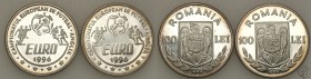 Romania
Romania. 100 lei 1996 Euro 1996, Group 2 szt. 
Piękne lustro mennicze, drobne ryski.
Waga/Weight: 2 x 26,92 g Ag 925 Metal: Średnica/diamet...