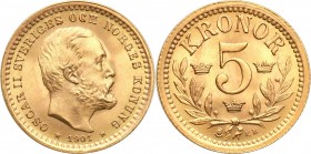 Sweden
Sweden. 5 koron 1901, Sztokholm 
Pięknie zachowana, mennicza moneta.Friedberg 95
Waga/Weight: 2,24 g Au .900 Metal: Średnica/diameter: 
Sta...
