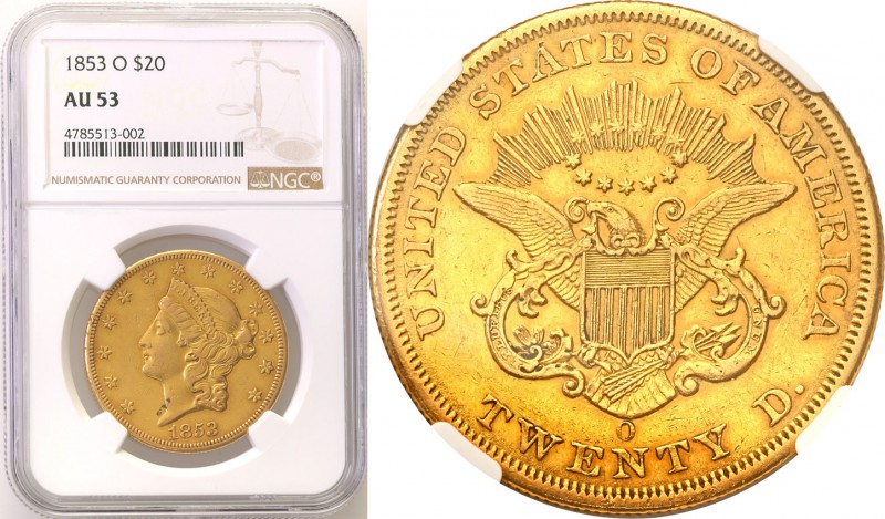 United States / USA
USA. 20 $ dollars 1853 O, Nowy Orlean NGC AU53 
Rzadki i c...