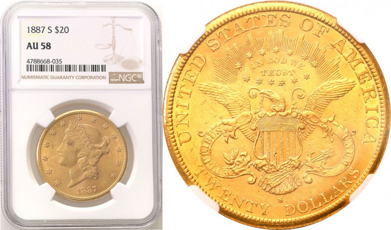 United States / USA
USA. 20 $ dollars 1887 S, San Francisco NGC AU58 
Bardzo ł...