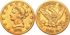 United States / USA
USA. 10 $ dollars 1874 CC, Carson City 
Rzadsza moneta - nakład 16,767 sztuk.Przetarcia najwyższych elementów reliefu.Friedberg ...