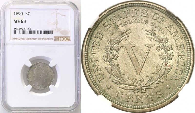 United States / USA
USA. 5 cents 1890 NGC MS63 
Menniczy egzemplarz z delikatn...
