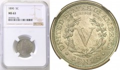 United States / USA
USA. 5 cents 1890 NGC MS63 
Menniczy egzemplarz z delikatną patyna. Rzadszy w takim stanie zachowania.Rzadsza moneta w takim sta...