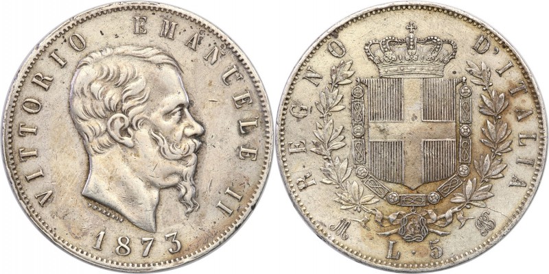 Italy
Italy. 5 lire 1873 M, Mediolan 
Patyna. Reszki połysku.
Waga/Weight: 24...