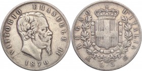 Italy
Italy. 5 lire 1870 M, Mediolan 
Patyna. Ryski.
Waga/Weight: 24,90 g Ag Metal: Średnica/diameter: 
Stan zachowania/condition: 3 (VF)