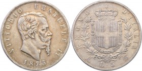 Italy
Italy. 5 lire 1873 M, Mediolan 
Patyna. Reszki połysku.
Waga/Weight: 24,90 g Ag Metal: Średnica/diameter: 
Stan zachowania/condition: 3/3+ (...