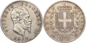 Italy
Italy. 5 lire 1874 M, Mediolan 
Patyna. 
Waga/Weight: 24,74 g Ag Metal: Średnica/diameter: 
Stan zachowania/condition: 3/3+ (VF/VF+)