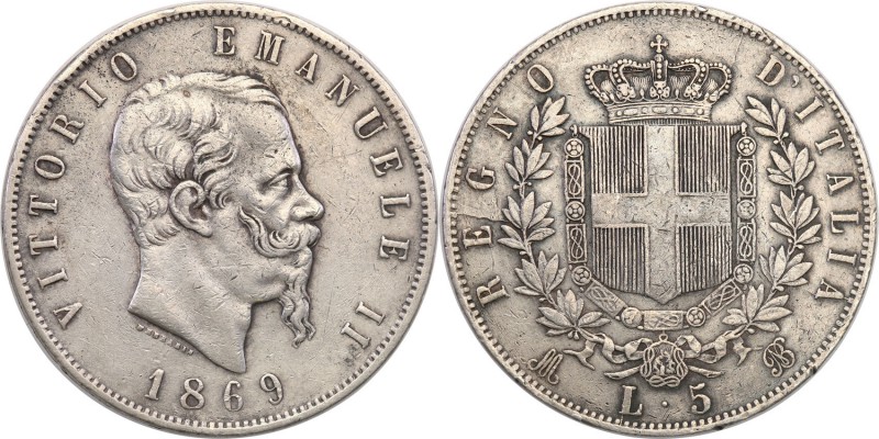 Italy
Italy. 5 lire 1869 M, Mediolan 
Patyna.
Waga/Weight: 24,89 g Ag Metal: ...