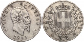Italy
Italy. 5 lire 1869 M, Mediolan 
Patyna.
Waga/Weight: 24,89 g Ag Metal: Średnica/diameter: 
Stan zachowania/condition: 3 (VF)