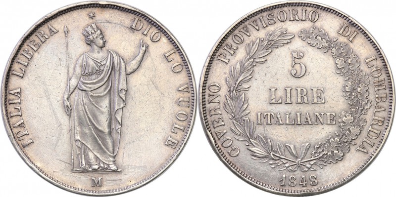 Italy
Italy, Lombardia. 5 lire 1848 M, Mediolan 
Patyna, drobne ryski. Delikat...