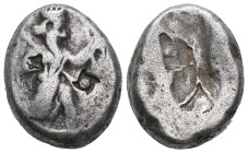 GREEK COINS ACHAEMENID EMPIRE.Time of Darios I to Xerxes II.(485-420 BC).Sardes.Siglos. Obv : Persian king in kneeling-running stance right, holding s...