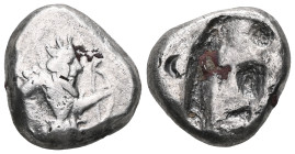GREEK COINS ACHAEMENID EMPIRE.Time of Darios I to Xerxes II.(485-420 BC).Sardes.Siglos. Obv : Persian king in kneeling-running stance right, holding s...