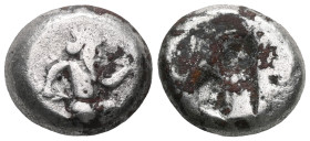 GREEK COINS ACHAEMENID EMPIRE.Time of Darios I to Xerxes II.(485-420 BC).Sardes.Siglos. Obv : Persian king in kneeling-running stance right, holding s...