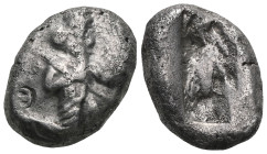 GREEK COINS ACHAEMENID EMPIRE.Time of Darios I to Xerxes II.(485-420 BC).Sardes.Siglos. Obv : Persian king in kneeling-running stance right, holding s...