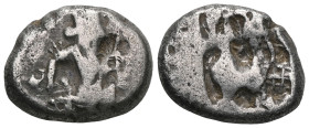 GREEK COINS ACHAEMENID EMPIRE.Time of Darios I to Xerxes II.(485-420 BC).Sardes.Siglos. Obv : Persian king in kneeling-running stance right, holding s...