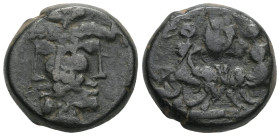 MACEDON. Thessalonica. Ae (Circa 187-131 BC). Obv: Head of Janus. Rev: ΘEΣΣAΛONIKH. The Dioscuri riding in opposite directions. SNG Copenhagen 369. Co...