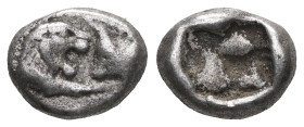 Greek Coins KINGS of LYDIA.Kroisos.(Circa 560-546 BC).Sardes.1/12 Stater. Obv : On the left, forepart of lion with open mouth to right confronting, on...