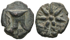 Greek Coins Pontos. Uncertain mint. Time of Mithradates VI Eupator circa 120-100 BC. Bronze Æ . Bashlyk left; countermark: AINI and bow in circle / St...