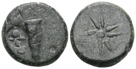 Greek PONTOS. Uncertain (possibly Amisos). Ae (130-100 BC). Obv: Quiver. helmet within round incuses. Rev: Eight-pointed star; bow to one side. SNG BM...