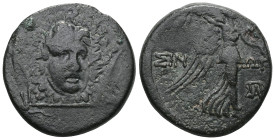 Greek Paphlagonia, Sinope,AE, (Bronze), Struck under Mithradates VI,Circa 105-90 or 90-85 BC. Obv: Aegis with gorgoneion. Rev: [ΣΙΝ] – ΩΠΗΣ, Nike adva...