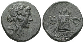 PONTOS. Amisos. Ae (85-65 BC). Mithridatic war issue. Obv: Head of Dionysos right, wearing ivy wreath. Rev: AMIΣOY. Thrysos leaning against cista myst...