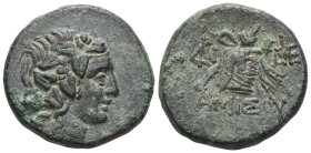 PONTOS. Amisos. Ae (85-65 BC). Mithridatic war issue. Obv: Head of Dionysos right, wearing ivy wreath. Rev: AMIΣOY. Thrysos leaning against cista myst...