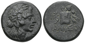 PONTOS. Amisos. Ae (85-65 BC). Mithridatic war issue. Obv: Head of Dionysos right, wearing ivy wreath. Rev: AMIΣOY. Thrysos leaning against cista myst...