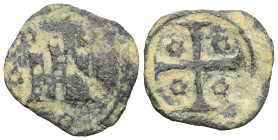 Crusader States, Chios (Genoese Maona) Æ Denaro. Circa 1390-1430. Three crenelated towers within city walls surrounded by five rosettes / Cross potent...